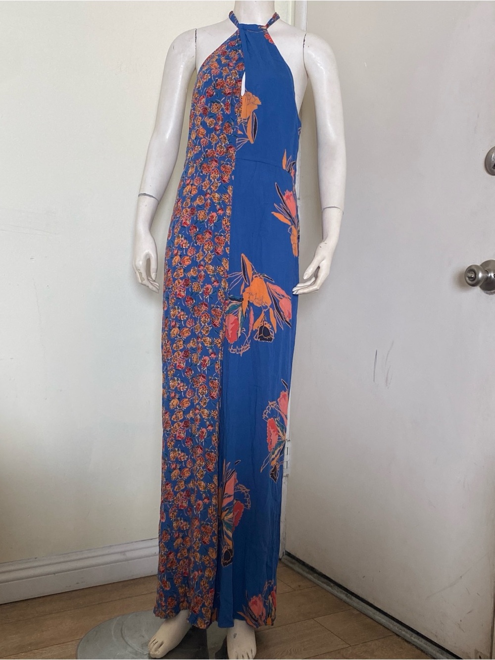 Free People Blue and Orange Floral Halter Romper